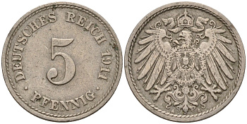 Германия 5 пфеннигов 1911 A KM 11, J. 12, Weege 6 медно-никель 4151-522