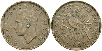 Новая Зеландия 1 пенни 1952 Георг VI (1936-1952), новозеландский туи KM 21 бронза 4542-942