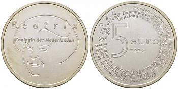Нидерланды 5 евро 2004 королева Нидерландов Беатрикс, вступление в ЕЭС KM 252 серебро UNC 11-085-11
