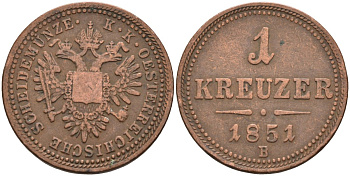 Австрия 1 крейцер 1851 B, Франц Иосиф I (1848-1916) KM 2185 медь 4586-447