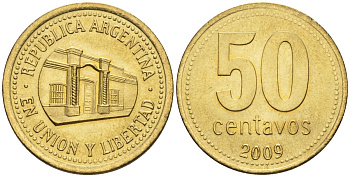Аргентина 50 сентаво 2009 здание конгресса Тукумана, узкие буквы KM 111.1, CJ 5, Schon 112 алюминиевая бронза    60-452