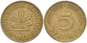 ФРГ 5 пфеннигов 1985 D KM 107 сталь плакированная латунью 4613-1228