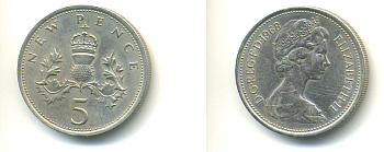 Великобритания 5 пенсов 1968 Елизавета II (1952-2022) KM 911, Spink 4233 (D1) медно-никель 83-456