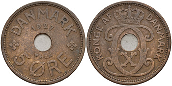 Дания 5 эре 1927 Кристиан X (1912-1947) KM 828 бронза 4526-243