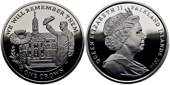 Фолклендские острова 1 крона 2014 в память героев первой мировой войны, Королевский госпиталь Челси KM 177a серебро  PROOF 1071-3-12