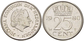 НИДЕРЛАНДЫ 25 ЦЕНТОВ 1980 ЮЛИАНА (1948-1980) KM 183 никель 214-1125