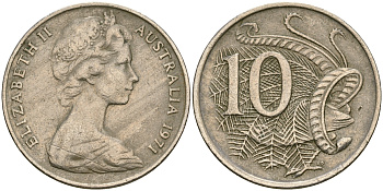 Австралия 10 центов 1971 Елизавета II (1952-), птица лирахвост KM 65 медно-никель 4364-1957