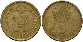 Португалия 5 эскудо 1988 KM 632 никель латунь 4156-611