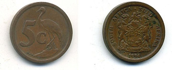 ЮАР 5 ЦЕНТОВ 1994 ПТИЦА медь 4-924