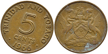 Тринидад и Тобаго 5 центов 1966 герб KM 2 бронза 4396-1052