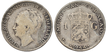 Нидерландское Кюрасао 1 гульден 1944 D, Вильгельмина (1890-1948) KM 45 серебро 36-326