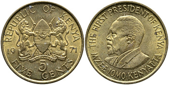 Кения 5 центов 1971 Джомо Кениата KM 10 никель латунь 4529-946