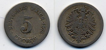 ГЕРМАНИЯ 5 ПФЕННИГОВ 1875 J, СТАРОГЕРБОВКА KM 3, J.3 медно-никель 46-355