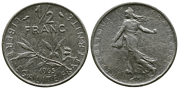 Франция 1/2 франка 1965 сеятель KM 931, Le Franc 198.3 никель 4381-629