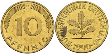 ФРГ 10 пфеннигов 1990 D KM 108, J. 383 сталь плакированная латунью 4163-1253