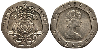 Великобритания 20 пенсов 1982 Елизавета II (1952-2022) KM 931, Spink 4230 (G1) медно-никель 4182-314