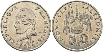 Французская Новая Каледония 50 франков 2009 хижина среди сосен и пальм, (IEOM) KM 13a, Schoen 15a, Lec 128i медно-никель 114-1123