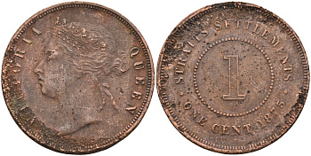 Стрейтс-Сетлментс 1 цент 1875 Виктория (1837-1901), Ост-Индская компания KM 9 медь 4590-415