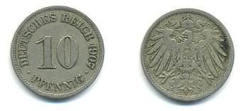 Германия 10 пфеннигов 1907 A KM 12, J. 13 медно-никель 4379-837