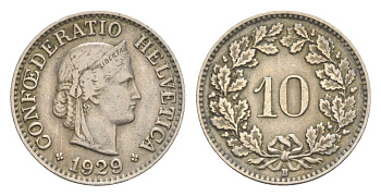 Швейцария 10 раппенов 1929 B KM 27 медно-никель 4532-1151