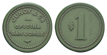 Чили, Сан-Хорхе (San Jorge), Уара (Huara) шахтерский жетон с Селитряного рудника для покупки в местных магазинах, номиналом в 1 песо 1880-1920 диаметр 31 мм, вес 2,32 гр Espinosa 276.11 эбонит (зеленый) 1094-1-54