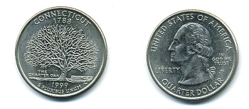 США 25 центов = квотер 1999 D, серия штаты США, Коннектикут KM 297 медь плакированная медно-никелем 4388-817