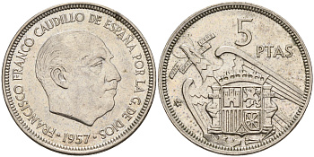 Испания 5 песет 1957 (74) 1957 год, Франсиско Франко (1939-1975) KM 786 медно-никель    4143-222