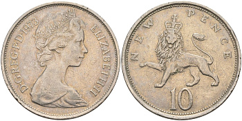 Великобритания 10 пенсов 1973 Елизавета II (1952-2022) KM 912, Spink 4231 (F1) медно-никель 4593-813