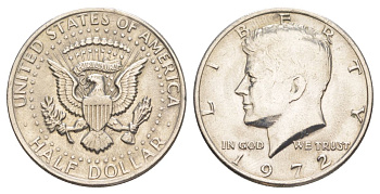 США 1/2 доллара (50 центов) 1972 Джон Кеннеди KM 202b медь плакированная медно-никелем aUNC 4144-621