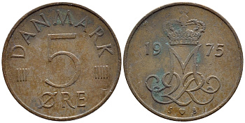 Дания 5 эре 1975 S; B, Маргрете II (1972- ) KM 859.1 железо плакированное медью 4398-856