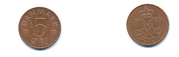 ДАНИЯ 5 ЭРЕ 1985 R; B, МАРГРЕТЕ II (1972-) KM 859.3 железо плакированное медью 4379-764