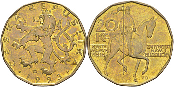 Чехия 20 крон 1993 чешский лев, герцог Вацлав на коне KM 5 сталь плакированная латунью 4529-936