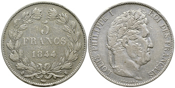 Франция 5 франков 1844 K, Луи Филипп I (1830-1848) KM 749.7 серебро 1066-6-26