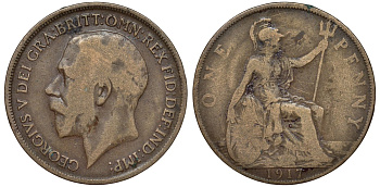 Великобритания 1 пенни 1917 Георг V (1910-1936) КМ 810, Spink 4051 бронза 51-2251