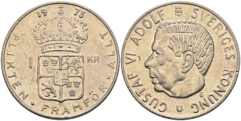 Швеция 1 крона 1973 U, Густав VI Адольф (1950-1973) KM 826a медь плакированный медно-никелем 4150-354