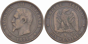 Франция 10 сантимов 1855 MA, Наполеон III (1852-1870) KM 771.6, Le Franc 133.29 бронза    4680-541