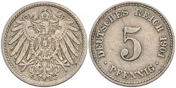 ГЕРМАНИЯ 5 ПФЕННИГОВ 1901 A, KM 11, J. 12 медно-никель 73-244