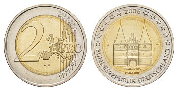 Германия 2 евро 2006 D, Федеральные земли Германии - Голштинские ворота в Любеке, Шлезвиг-Гольштейн KM 653 биметалл UNC 4633-1044