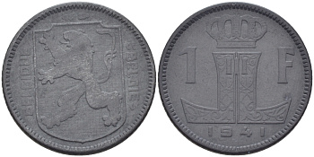БЕЛЬГИЯ 1 ФРАНК 1941 BELGIQUE-BELGIE, ГЕРМАНСКАЯ ОККУПАЦИЯ KM 127 цинк 31-1233