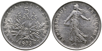 Франция 5 франков 1973 сеятель KM 926a.1, Le Franc 341.5 медно-никель плакированный никелем 4680-122