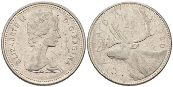 Канада 25 центов 1980 Елизавета II (1952-2022), олень KM 74 никель 4616-754