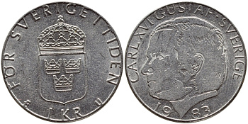 Швеция 1 крона 1983 Карл XVI Густав (1973- ) KM 852a медно-никель 4397-1116