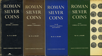 Х. A. СИБИ РИМСКИЕ СЕРЕБРЯНЫЕ МОНЕТЫ. ТОМА 1-4 (ЯЗЫК: АНГЛ.) 1967 H. A. SEABY, ROMAN SILVER COINS, 2ND EDITION, ЧАСТЬ 1: ОТ РЕСПУБЛИКИ ДО АВГУСТА (167 СТРАНИЦ), ЧАСТЬ 2: ОТ ТИБЕРИЯ ДО КОММОДА (218 СТРАНИЦ), ЧАСТЬ 3: ОТ ПЕРТИНАКСА ДО БАЛЬБИНА 00-01-05-07