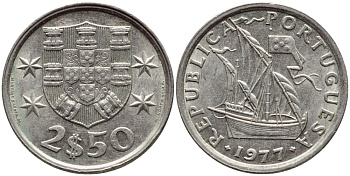 ПОРТУГАЛИЯ 2,5 ЭСКУДО 1977 ПАРУСНИК KM 590 медно-никель UNC 4396-149