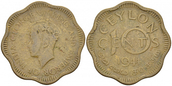 ЦЕЙЛОН 10 ЦЕНТОВ 1944 KM 118 никель латунь 3718-527