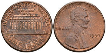 США 1 цент 1990 Линкольн КМ 201b цинк плакированный медью 4567-614