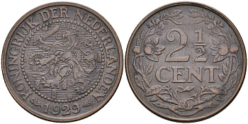 Нидерланды 2 1/2 цента 1929 Вильгельмина (1890-1948) KM 150 бронза 4579-642