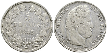 Франция 5 франков 1845 BB, Луи Филипп I (1830-1848) KM 749.3 серебро 1066-6-11