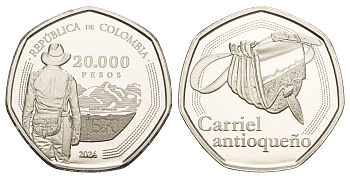 Колумбия 20000 песо 2024 погонщик мулов с неразлучной сумкой, Guarniel Carriel Antioqueno KM NEW медно-никель  PROOF  M67-16