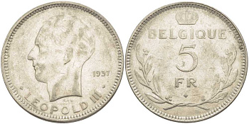 Бельгия 5 франков 1937 Леопольд III (1934-1951), Belgique KM 118 никель 3851-511